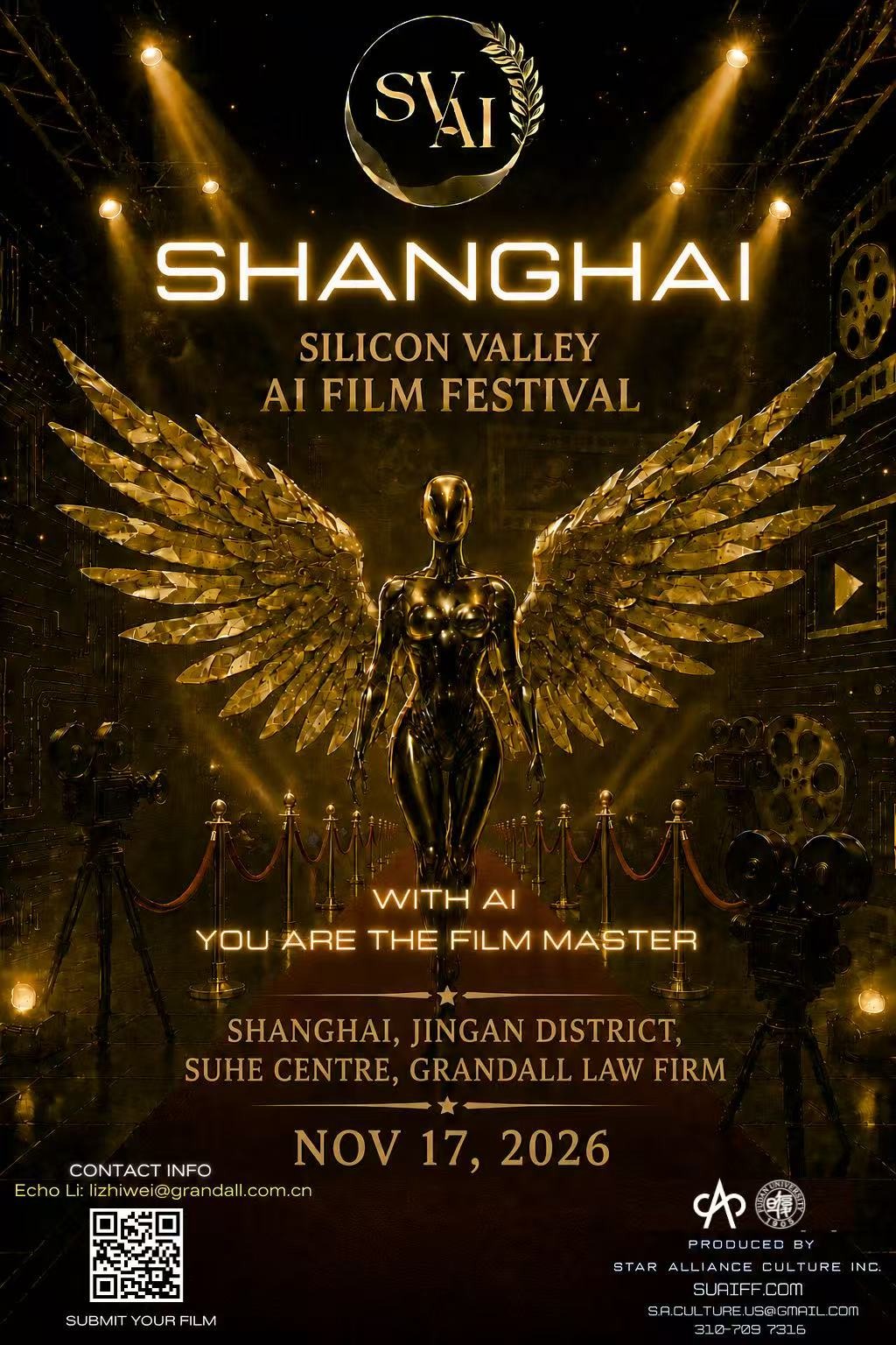 SVAIFF Shanghai official poster — Silicon Valley AI Film Festival, Shanghai. With AI you are the film master. Shanghai, Jingan District, Suhe Centre, Grandall Law Firm. November 17, 2026. Contact Echo Li, lizhiwei@grandall.com.cn. Produced by Star Alliance Culture Inc.